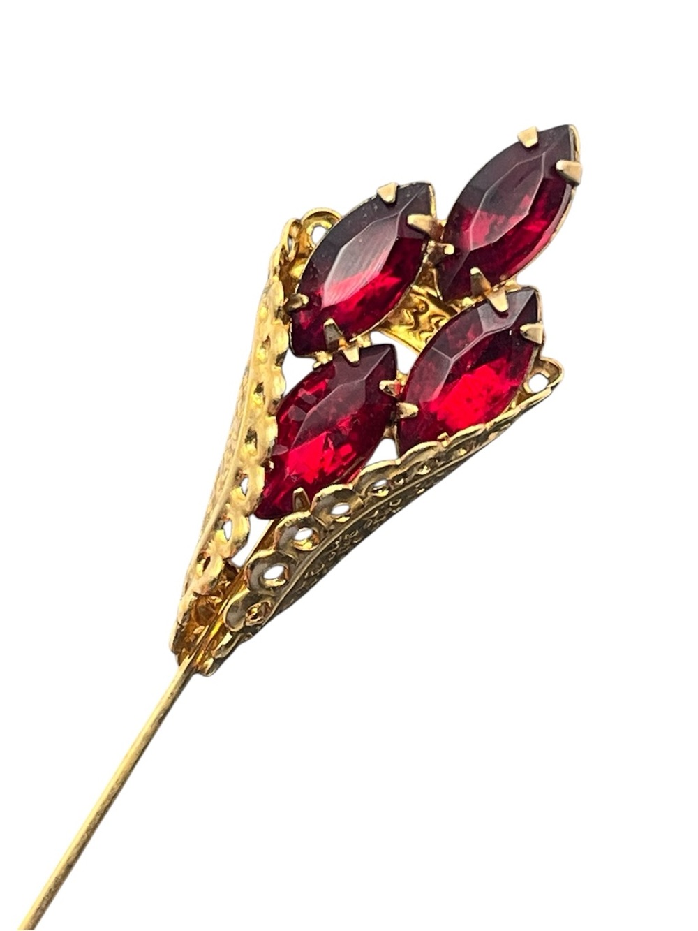 Red navette rhinestone cluster gold tone vintage stick pin